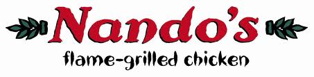The image shows the Nando’s logo with the name “Nando’s” in bold red text adorned with green leaves on either side. Below, it reads “flame-grilled chicken” in a playful black font. The background is plain white.