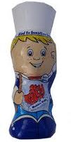 A bottle shaped like a cartoon boy with blond hair, blue eyes, a chef's hat, and blue clothes. He is holding a wooden spoon and smiling. The label on his chest reads "Malt Matey" in red and blue letters.