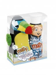A toy packaged in a clear plastic box featuring a plush toucan with a large yellow beak and a character with blond hair and a smiling face. The box has tropical-themed graphics and the text “Matey Matey Bubble Bath Matey” on the front.