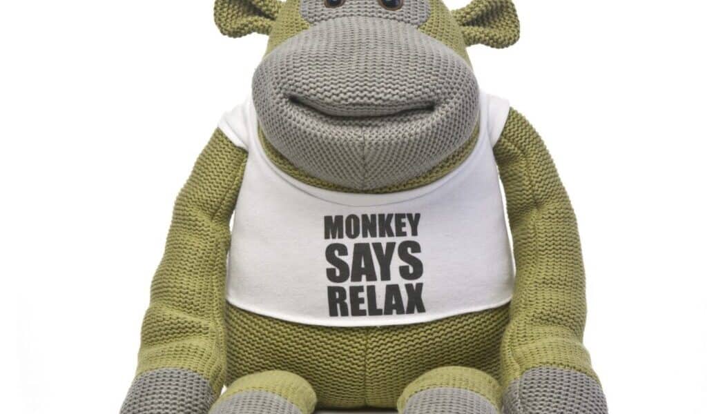 A knitted green and grey stuffed monkey sits facing forward, wearing a white T-shirt with bold black text that reads "MONKEY SAYS RELAX." The background is plain white, making the toy the clear focal point.