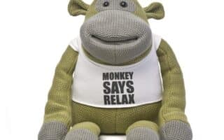 A knitted green and grey stuffed monkey sits facing forward, wearing a white T-shirt with bold black text that reads "MONKEY SAYS RELAX." The background is plain white, making the toy the clear focal point.