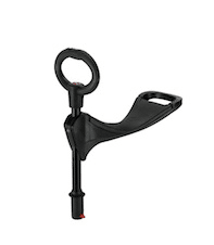 A black, plastic kick scooter accessory featuring a rounded handle at the top, an angled seat-like platform, and a vertical post with a small red release button at the base. The design is ergonomic and streamlined.