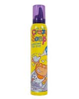 A tall yellow can of Crazy Soap bath foam with a purple cap. The label features playful, colourful text and cartoon illustrations of children playing with bubbles and foam, giving a fun, child-friendly appearance.