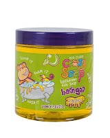 A yellow jar of Crazy Soap bathtime fun soap with a purple lid. The label features playful cartoon characters, including a hippopotamus in a bubble bath, with colourful text and a bright, child-friendly design.
