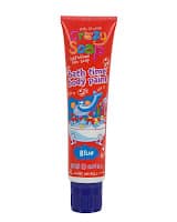 A red tube of Crazy Soap Bathtime Body Paint, featuring playful graphics of a blue whale in a bubble-filled bath. The paint colour is labelled "Blue" on a blue circle near the bottom of the tube, which has a blue cap.