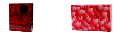 Two items are shown: on the left, a red gift bag with black heart patterns and a black balloon; on the right, a rectangular gift box covered in overlapping red and pink hearts on a white background. Both are set against a plain white backdrop.