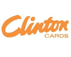 The image shows the "Clinton Cards" logo. "Clinton" is written in a large, orange, cursive script, whilst "CARDS" appears below it in smaller, uppercase, orange block letters on a plain white background.