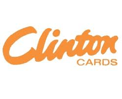 The image shows the "Clinton Cards" logo. "Clinton" is written in a large, orange, cursive script, whilst "CARDS" appears below it in smaller, uppercase, orange block letters on a plain white background.