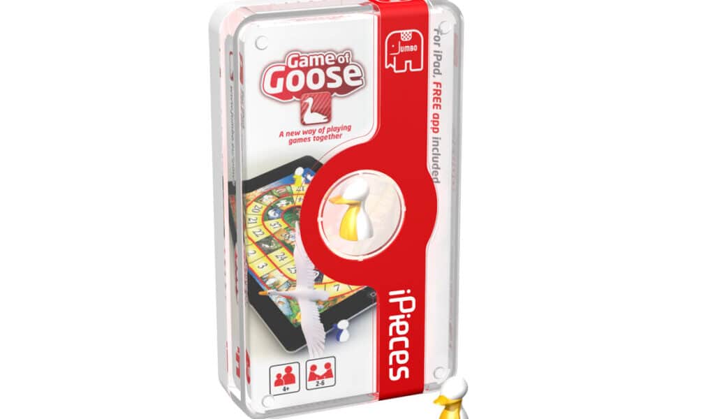 A rectangular box for "Game of Goose" by iPieces is shown. The packaging is mostly white and red, featuring images of a tablet displaying a game board and a yellow playing piece. The box advertises a free app and is meant for 2–4 players, ages 4 and over.