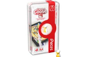 A rectangular box for "Game of Goose" by iPieces is shown. The packaging is mostly white and red, featuring images of a tablet displaying a game board and a yellow playing piece. The box advertises a free app and is meant for 2–4 players, ages 4 and over.