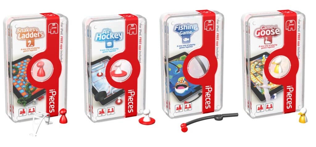 Four iPieces game sets in rectangular packaging are shown side by side: Snakes & Ladders, Air Hockey, Fishing Game, and Game of Goose. Each has a red-and-white design, game name, small game pieces, and shows the game being played on a tablet.