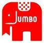 A stylised red elephant with a white eye and a white patch with red dots on its head. The word "JUMBO" is written in bold white letters within the elephant’s body. The design is simple and minimalist.