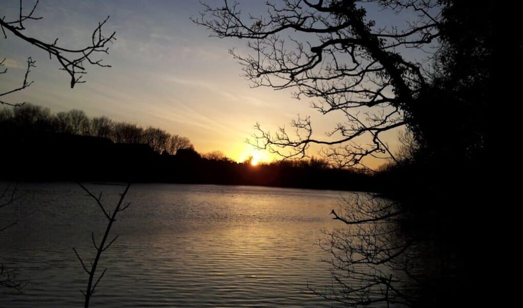 A serene lake at sunset with the sun low on the horizon, casting a golden glow over the water. Silhouetted tree branches frame the scene, and the sky transitions from blue to warm orange tones. The water reflects the soft light of dusk.
