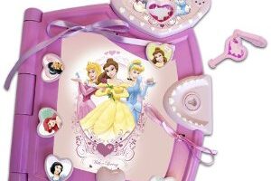 A pink Disney Princess-themed diary set with heart-shaped buttons, a magic key, and images of princesses Belle, Aurora, and Cinderella on the cover. The set features decorative hearts and a bow accent, designed for young children.