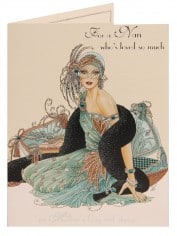 A greeting card featuring an illustrated woman in an elegant, vintage-style green dress and feathered headpiece, sitting gracefully. The text above reads: "For a Nan who’s loved so much." The background is pale with decorative accents.