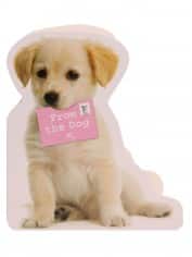 A light-coloured puppy sits facing forward, holding a pink card in its mouth that reads "From the dog." The background is plain white, and the puppy appears cute and gentle, with floppy ears and a soft, fluffy coat.