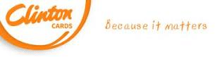 The image shows the Clinton Cards logo in orange script on the left, with the words “Because it matters” in a light, orange handwritten font to the right on a white background.