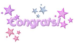 The image shows the word “Congrats!” in large, puffy, light purple letters with pink and purple stars of various sizes scattered around it on a white background.