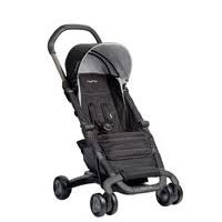 A modern black baby pushchair with a curved handlebar, adjustable canopy, padded seat, and safety harness. The pushchair has four double wheels and a compact, lightweight frame designed for easy manoeuvrability and convenience.