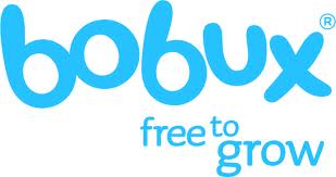 The image shows the Bobux logo in light blue, featuring the word "bobux" in a playful, rounded font. Below it, the tagline "free to grow" appears in a smaller, lighter blue font. The background is white.