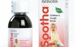 A 150ml bottle of Nelsons Sootha Children's Cough Syrup stands beside its box. The box features an image of a smiling toddler sitting, with text highlighting that the syrup is natural, alcohol-free, non-drowsy, and for children 12 months and over.