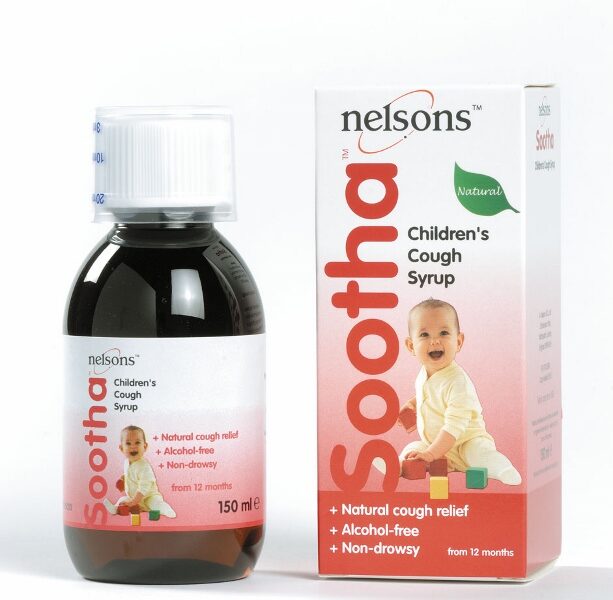 A 150ml bottle of Nelsons Sootha Children's Cough Syrup stands beside its box. The box features an image of a smiling toddler sitting, with text highlighting that the syrup is natural, alcohol-free, non-drowsy, and for children 12 months and over.