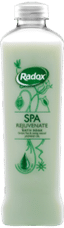 A tall, translucent bottle of Radox Spa Rejuvenate shower cream with a silver cap. The label is green with leafy graphics, showing the Radox logo and product name. The bottle contains light green shower gel.