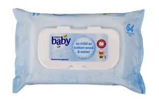 A pack of Tesco Baby newborn wipes in light blue packaging. The label reads “baby, as mild as cotton wool & water.” The pack features a plastic lid for easy access and contains 64 wipes. The packaging includes approval and award symbols.