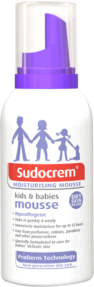 A white pump bottle labelled “Sudocrem Moisturising Mousse” with a purple cap. The label shows silhouettes of two adults and a child holding hands. Text highlights features for kids and babies, including “hypoallergenic” and “ProDerm Technology”.