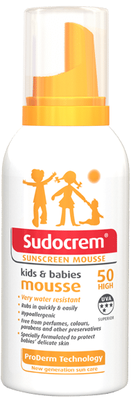 A white bottle of Sudocrem Suncream Mousse for kids and babies with an orange pump. The label features orange silhouettes of children, product details including SPF 50, and highlights like “Very water resistant” and “Hypoallergenic”.
