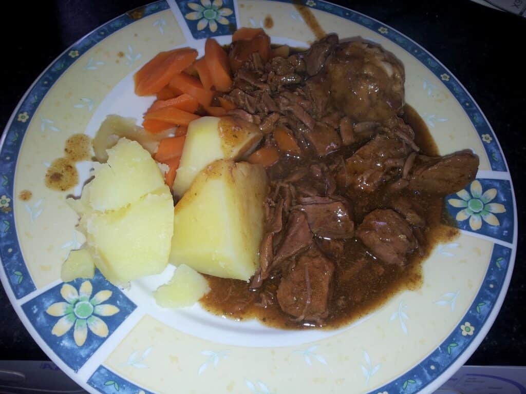 A plate of food featuring chunks of boiled potatoes, sliced cooked carrots, and pieces of beef in brown gravy, with a dumpling, on a decorated plate with a floral and geometric border. Some gravy is spilt on the plate.