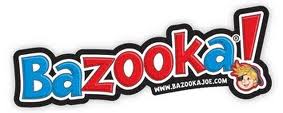 The image shows the colourful Bazooka! logo. "Bazooka" is written in blue and red bubble letters with a white outline and black shadow. A cartoon boy's face appears inside the letter "a." The website "www.bazookajoe.com" is below the text.
