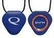 Two blue, guitar-pick-shaped wearable devices with black cords. The left device has a white, curved line logo. The right device features an orange ring with the word "Q-Link" in white text at the centre. Both are shown against a white background.