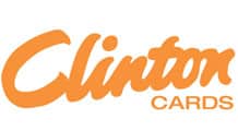 The image shows the "Clinton Cards" logo. The word "Clinton" is written in large, orange, cursive letters, and the word "CARDS" appears below it in smaller, orange, uppercase print on a white background.