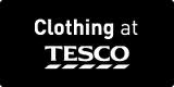 White text on a black background reads “Clothing at TESCO,” with “TESCO” in bold, uppercase letters and four angled white lines underneath, resembling the supermarket’s logo.