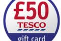 A circular logo with a white background and blue border displays "£50" in large red text above the word "TESCO" in red with blue stripes below. At the bottom, a blue section reads "gift card" in white text.
