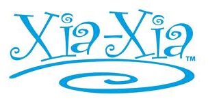 The image features the words "Xia-Xia" written in a playful, swirly blue font. A large blue spiral underlines the text, and small spiral designs decorate the letters. The background is plain white.