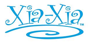 The image features the words "Xia-Xia" written in a playful, swirly blue font. A large blue spiral underlines the text, and small spiral designs decorate the letters. The background is plain white.