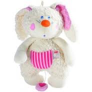 A plush white bunny toy with textured fur, a round orange nose, blue eyes, pink cheeks, and one pink ear. It has a pink and white striped patch on its tummy and a pink pull string ending in a heart shape at the bottom.