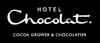 White text on a black background reads: "HOTEL Chocolat." in a mix of uppercase and cursive font, with "COCOA GROWER & CHOCOLATIER" in small uppercase letters beneath.