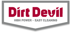 The image shows the Dirt Devil logo in bold red text with an arrow forming part of the "v." Below it, grey text reads "HIGH POWER - EASY CLEANING." The logo is enclosed in a grey, shield-like border on a light background.
