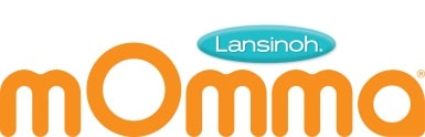 The image features the Lansinoh logo: a turquoise oval with "Lansinoh" written in white, placed above the word "mOmma" in large, rounded orange lowercase letters. The “O” in “mOmma” is stylised with a capital letter. The background is white.