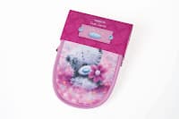 A small, pink and purple pouch with a printed image of a grey teddy bear holding a pink flower. The background has a soft, blurry pattern, and the pouch has a flap at the top with decorative stitching and a button detail.