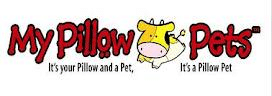 The image shows the "My Pillow Pets" logo with red, playful text. A cartoon yellow cow with brown spots and a pink snout lies between the words “Pillow” and “Pets.” Below, it reads: "It's your Pillow and a Pet, It's a Pillow Pet.