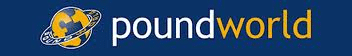 Logo on a blue background showing a globe with yellow continents and a ring round it, next to the word "poundworld" written in lowercase letters; "pound" is white, "world" is yellow.