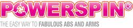 Logo with the word "POWERSIN®" in bold, gradient pink letters, featuring a circular arrow design inside the "O." Below, in smaller text, it reads: "THE EASY WAY TO FABULOUS ABS AND ARMS." Background is white.