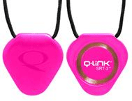 Two bright pink, triangular pendants on black cords are shown side by side. The left pendant has a subtle embossed "Q" logo, whilst the right one displays "Q-Link SRT-3" in white text with a visible circular gold accent.