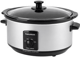 A silver and black electric slow cooker with a glass lid, two side handles, and a black control dial on the front. The brand name "Morphy Richards" is visible above the dial. The appliance is shown against a plain white background.