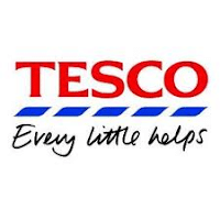 The image shows the Tesco logo. "TESCO" is written in bold red uppercase letters above three horizontal blue lines. Below the lines, the slogan "Every little helps" appears in black, handwritten-style font. The background is white.