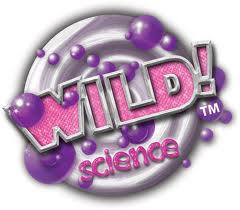 Logo with the word "WILD!" in bold, glittery pink letters outlined in white and grey, tilted across a swirling white and grey background with purple spheres. Below, the word "science" appears in thinner pink letters.